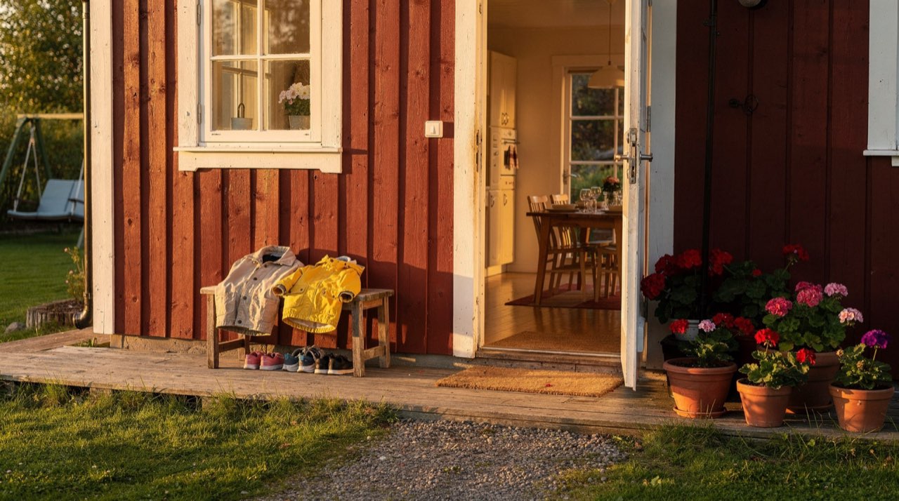 Soligt förstubro till ett rött trähus med öppen ytterdörr in mot en ljus hall
