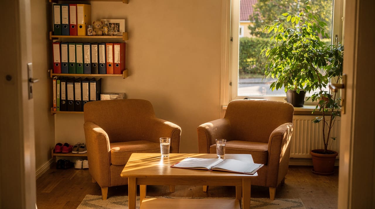 Ljust samtalsrum med två fåtöljer, ett lågt bord med en öppen mapp och en pärmhylla vid ett stort fönster