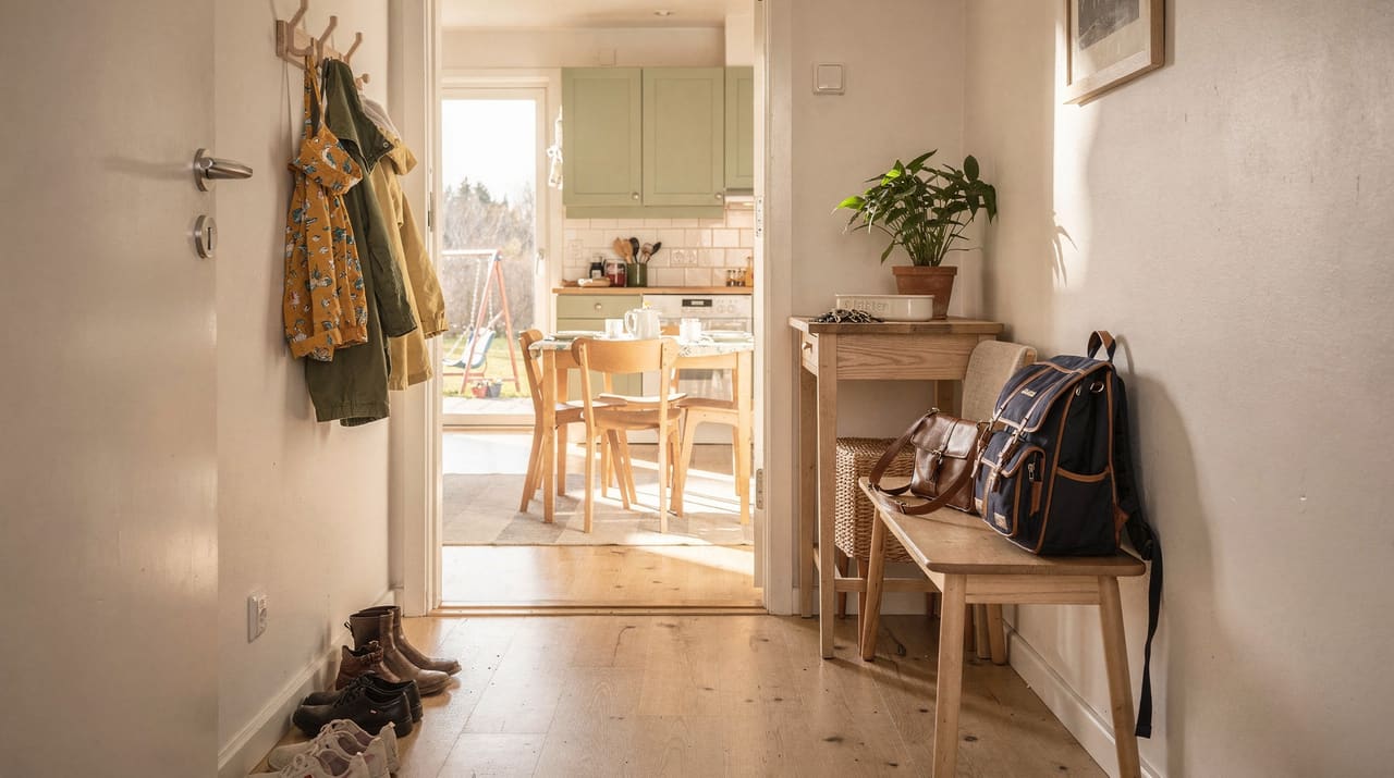 Ljus hall en vardagsmorgon med jackor, en liten skolryggsäck och en arbetsväska vid dörren