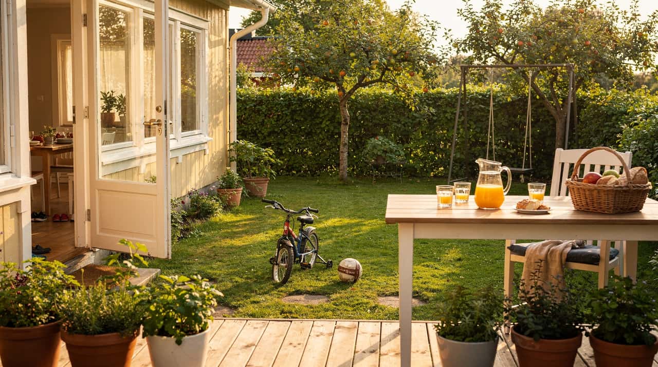 Solig trädgård en lördagsmorgon med trädäck, en liten cykel och frukost på ett utebord
